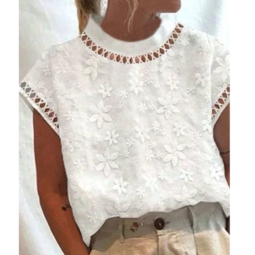 Boho Floral Embroidered Lace Short Sleeve Top - Picture 5 of 7